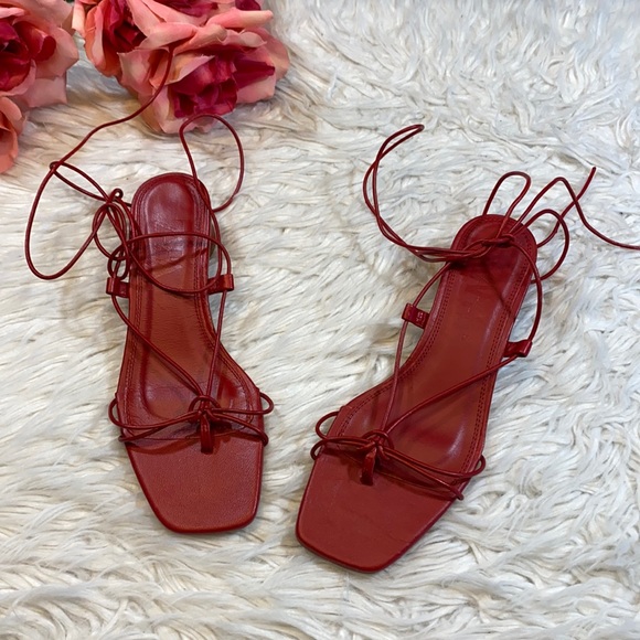 Zara Red Leather Strappy Heeled Sandals sz 37 6.5